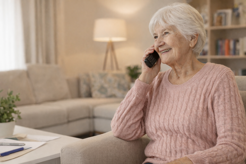 Kontakt zur Seniorenbetreuung in Essen: Eine Seniorin ruft bei der GRASS Alltagsbetreuung GmbH an, um sich zu Pflegegraden beraten zu lassen.