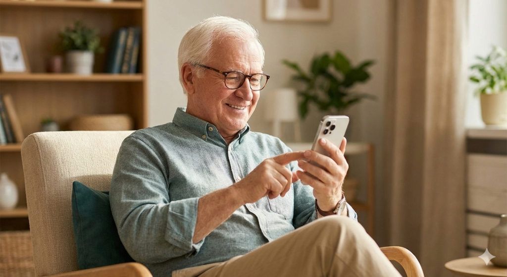 Persönliche Pflegeberatung in Essen: Ein Senior ruft bei der GRASS Alltagsbetreuung an, um einen Termin für ein Erstgespräch zu vereinbaren.