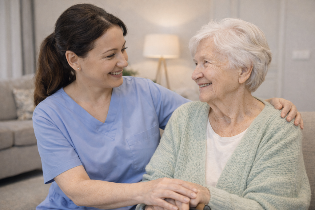 24-Stunden-Betreuung in Essen: Herzliche Umarmung zwischen einer Betreuungskraft der GRASS GmbH und einer Seniorin für ein Gefühl von Geborgenheit.