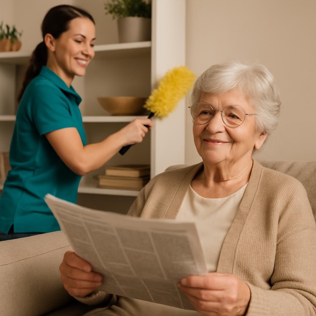 Haushaltshilfe für Senioren in Essen-Heidhausen: Alltagsbegleiterin der GRASS Alltagsbetreuung GmbH beim Staubwischen, während die Seniorin entspannt Zeitung liest.