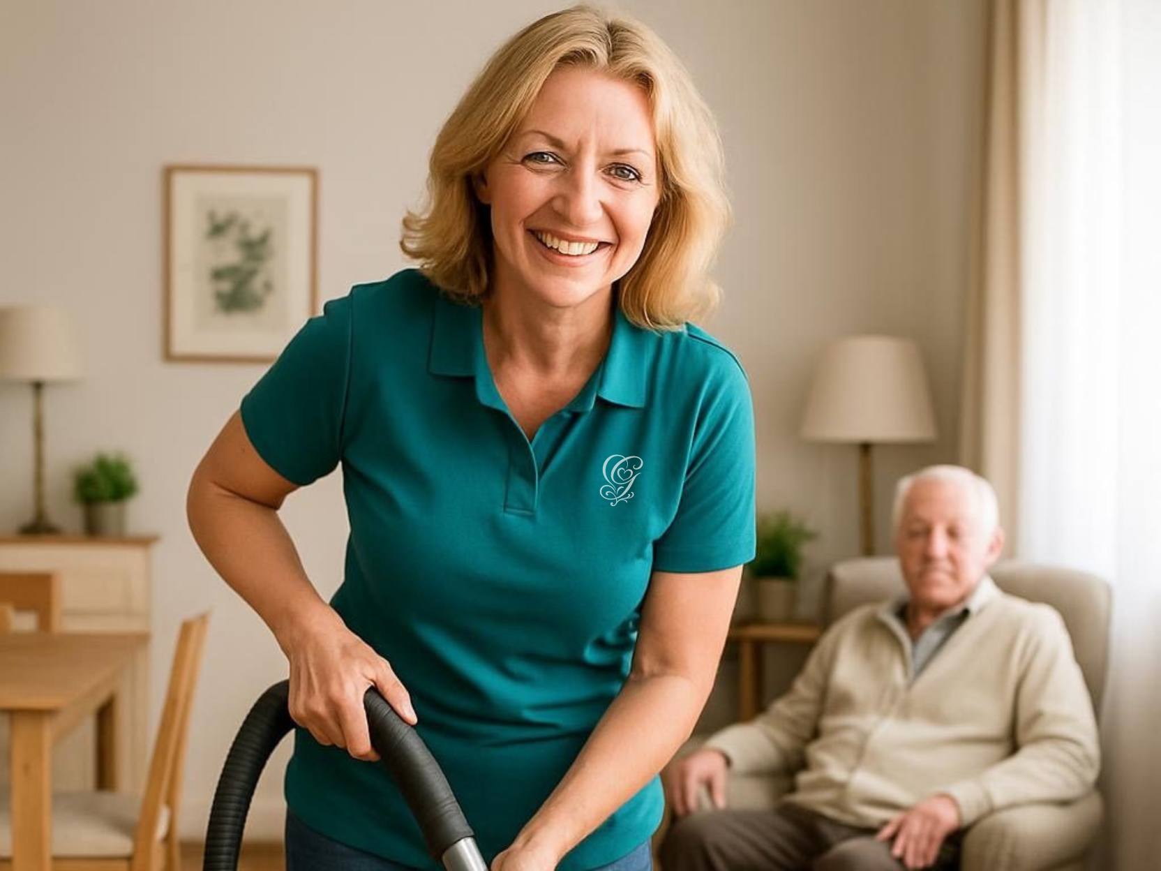Haushaltshilfe in Essen-Heidhausen: Alltagsbegleiterin der GRASS GmbH beim Staubsaugen zur Entlastung eines Seniors in seiner Wohnung.