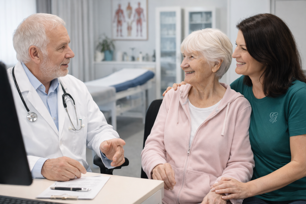 Arztbegleitung für Senioren in Essen: Mitarbeiterin der GRASS Alltagsbetreuung unterstützt eine Kundin bei einem wichtigen Arzttermin.