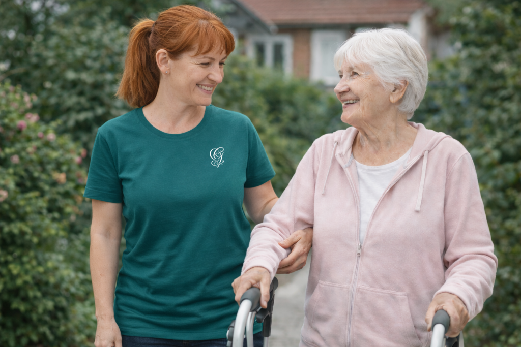 Seniorenbetreuung in Essen: Mitarbeiterin der GRASS Alltagsbetreuung begleitet eine Seniorin mit Rollator bei einem sicheren Spaziergang.