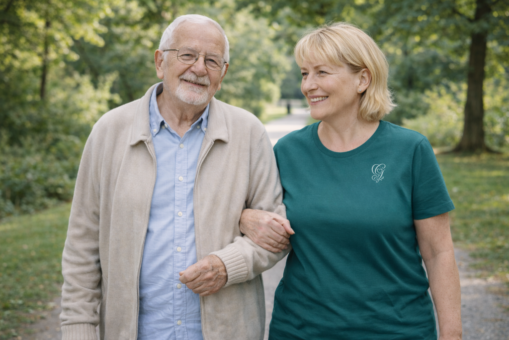 Seniorenbegleitung in Essen: Mitarbeiterin der GRASS Alltagsbetreuung beim gemeinsamen Spaziergang mit einem Senior zur Förderung der Mobilität.