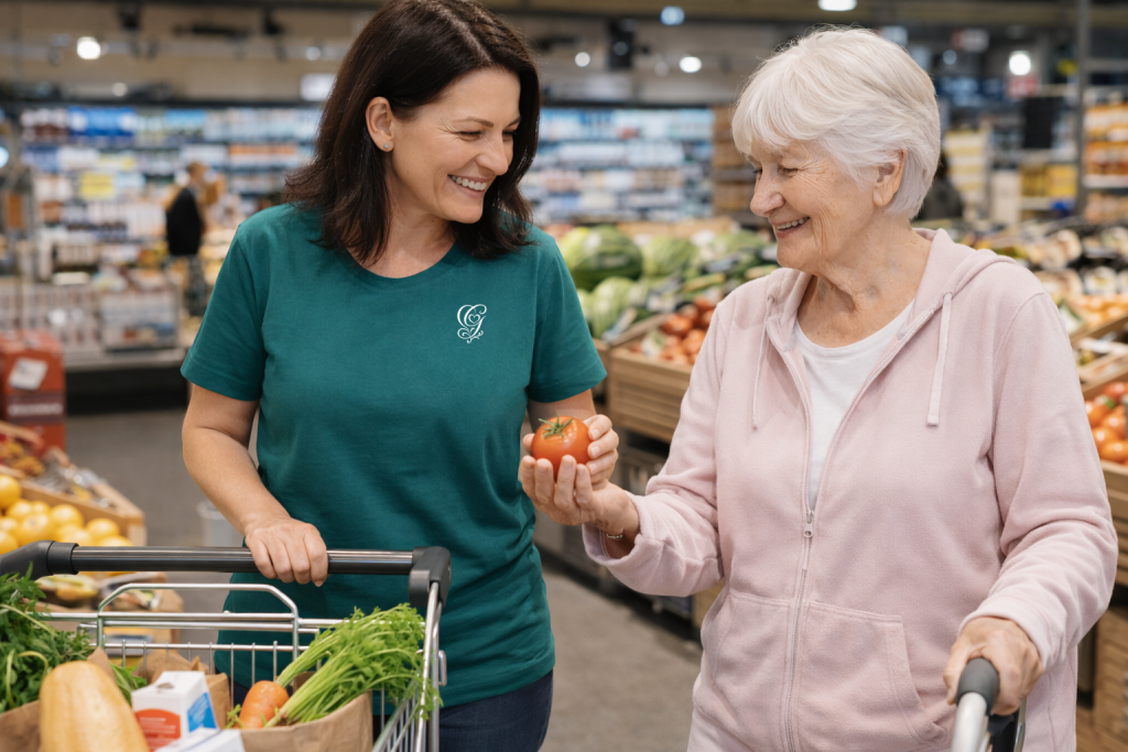 Einkaufshilfe für Senioren in Essen: Mitarbeiterin der GRASS Alltagsbetreuung unterstützt eine Kundin beim Wocheneinkauf im Supermarkt.