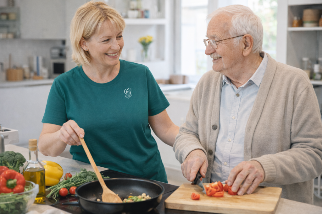 Gemeinsames Kochen für Senioren in Essen: Alltagsbegleiterin der GRASS Alltagsbetreuung GmbH unterstützt einen Senior direkt am Herd in seiner eigenen Küche.