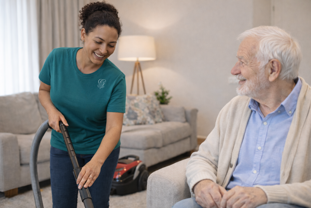 Haushaltshilfe für Senioren in Essen: Mitarbeiterin der GRASS Alltagsbetreuung beim Staubsaugen zur Entlastung eines Kunden in seinem Wohnzimmer.