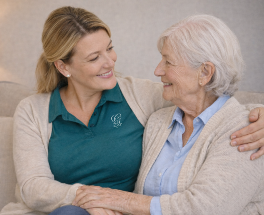 Herzliche Alltagsbegleitung in Essen: Mitarbeiterin der GRASS Alltagsbetreuung schenkt einer Seniorin eine liebevolle Umarmung.