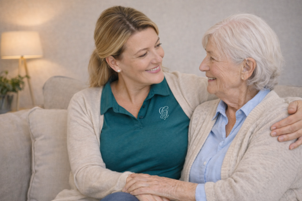 Mitarbeiterin der GRASS Alltagsbetreuung im Gespräch mit einer Seniorin auf dem Sofa zu Hause in Essen-Heidhausen.