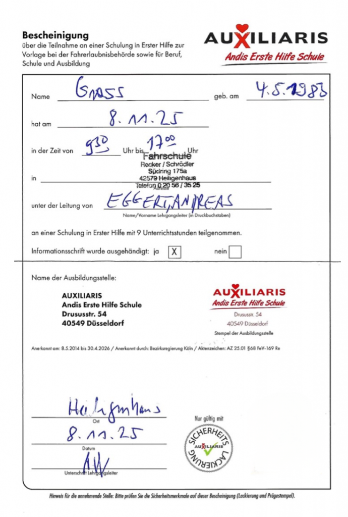 Erste Hilfe Schein Von Anastasija Grass von der GRASS Alltagsbetreuung GmbH
